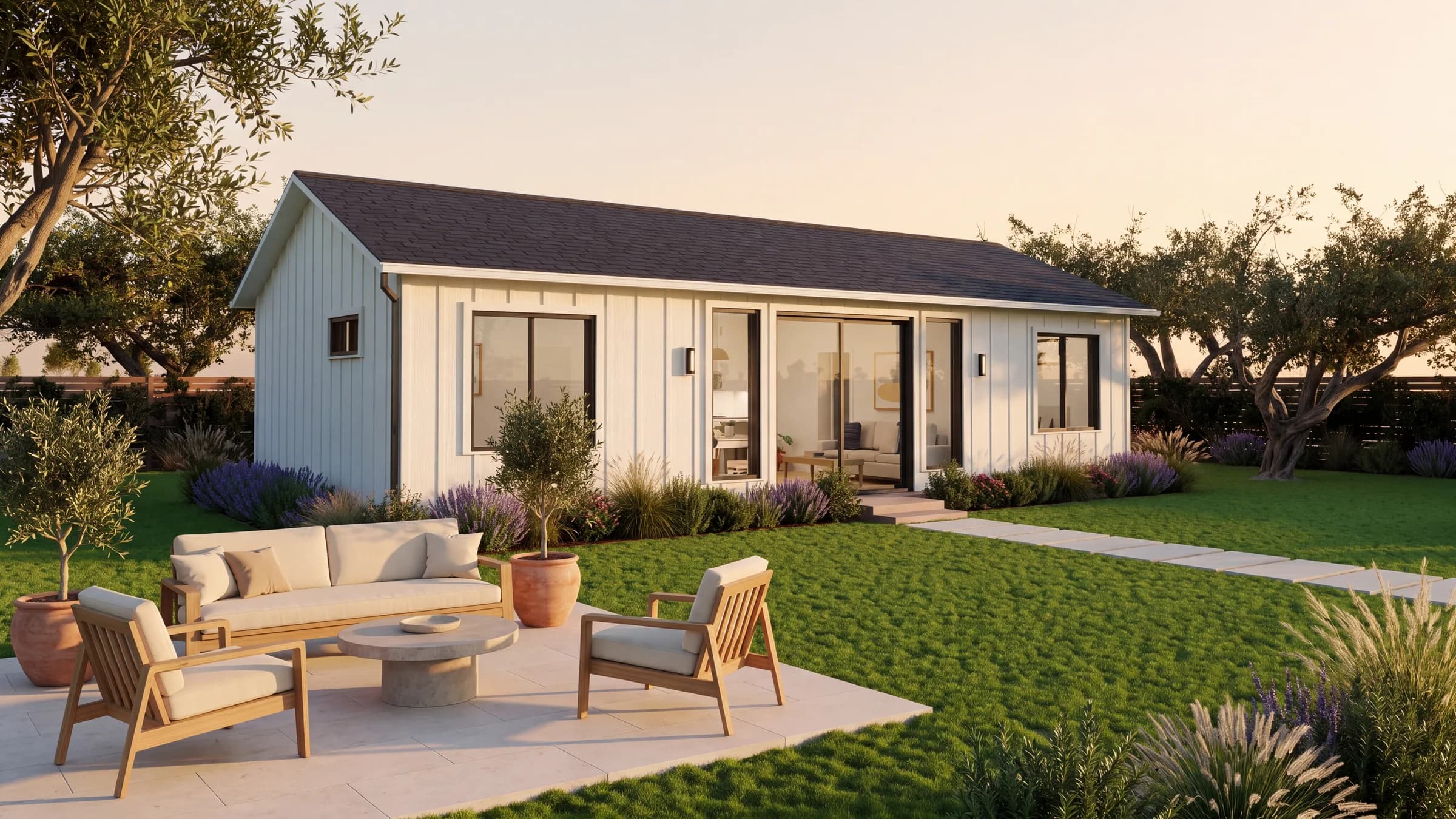 Rendering of the Two Bedroom ADU at golden hour, white board-and-batten siding and a glass sliding door, with a teak patio set, lavender and olive trees in the backyard