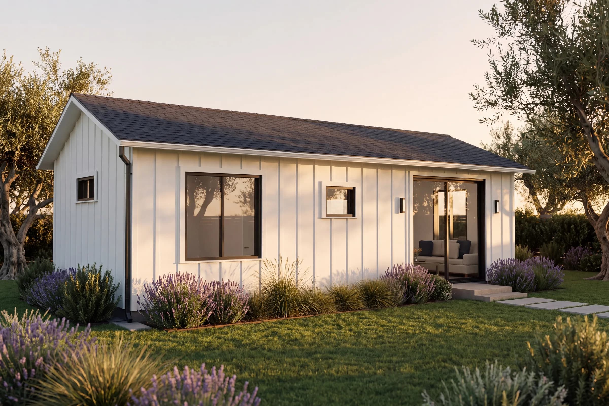 Rendering of the One Bedroom ADU with white board-and-batten siding and a glass sliding door, in late afternoon sun among lavender and olive trees