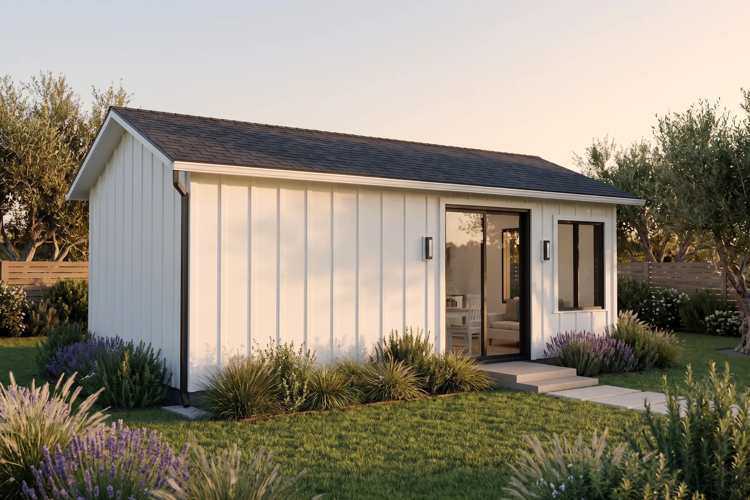 Rendering of the Studio ADU with white board-and-batten siding and a glass sliding door, in late afternoon sun among lavender and olive trees