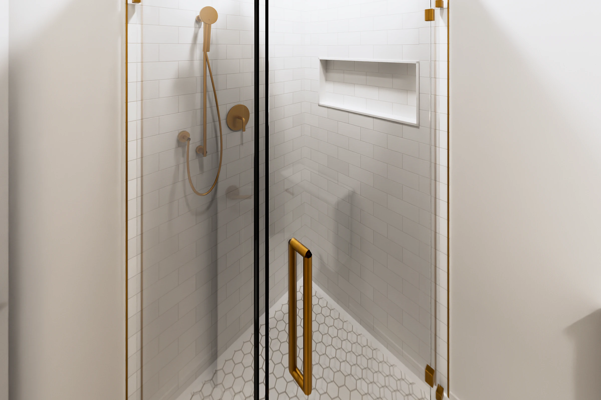 Rendering of the Studio ADU bath, a glass shower with a brass hand shower and pull, white subway tile, a tiled niche and a white hexagon tile floor