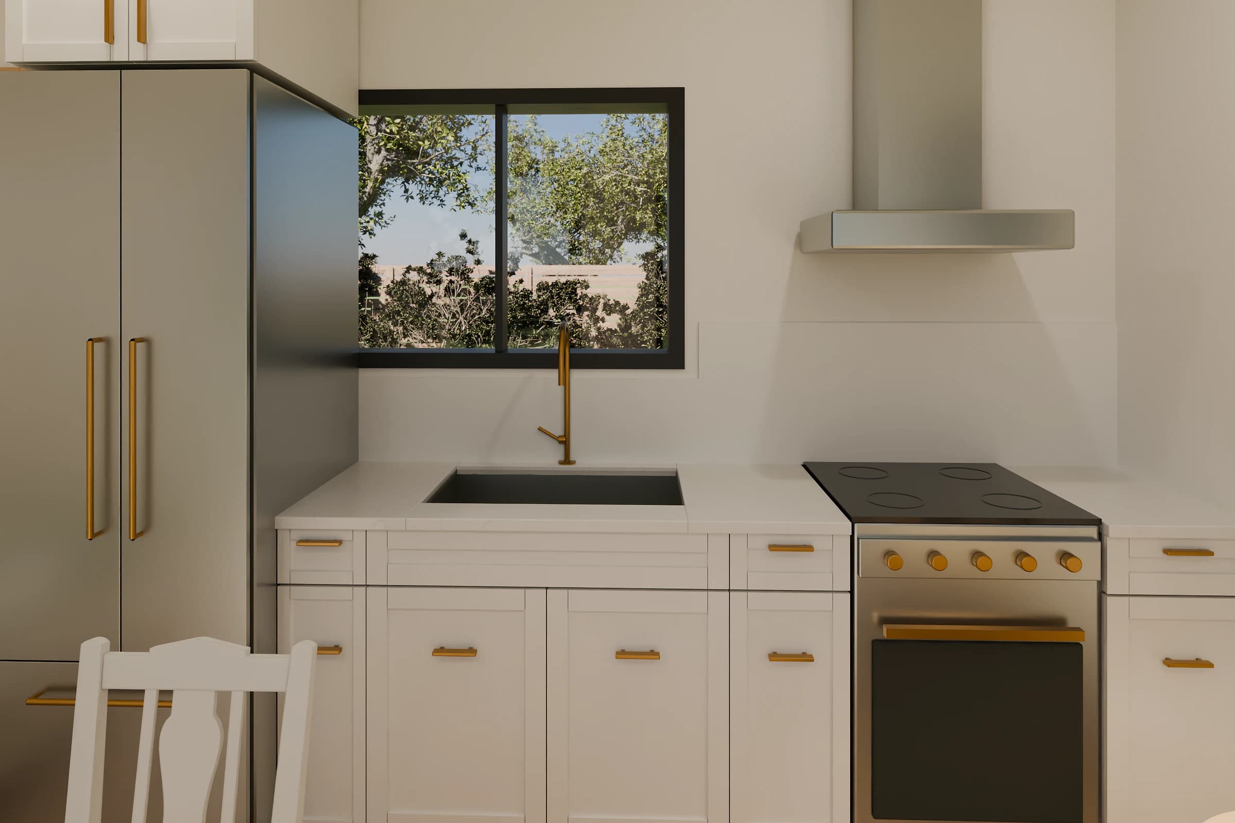 Rendering of the Studio ADU kitchen, a stainless refrigerator, a black sink with a brass faucet under a window, and a range with brass knobs under a stainless hood, set in white shaker cabinets with brass pulls