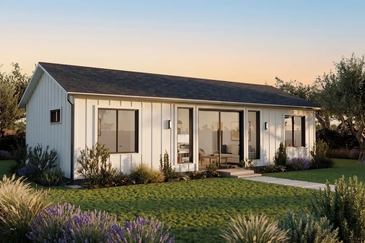 Rendering of the Two Bedroom ADU with white board-and-batten siding and a glass sliding door, in late afternoon sun in a planted backyard