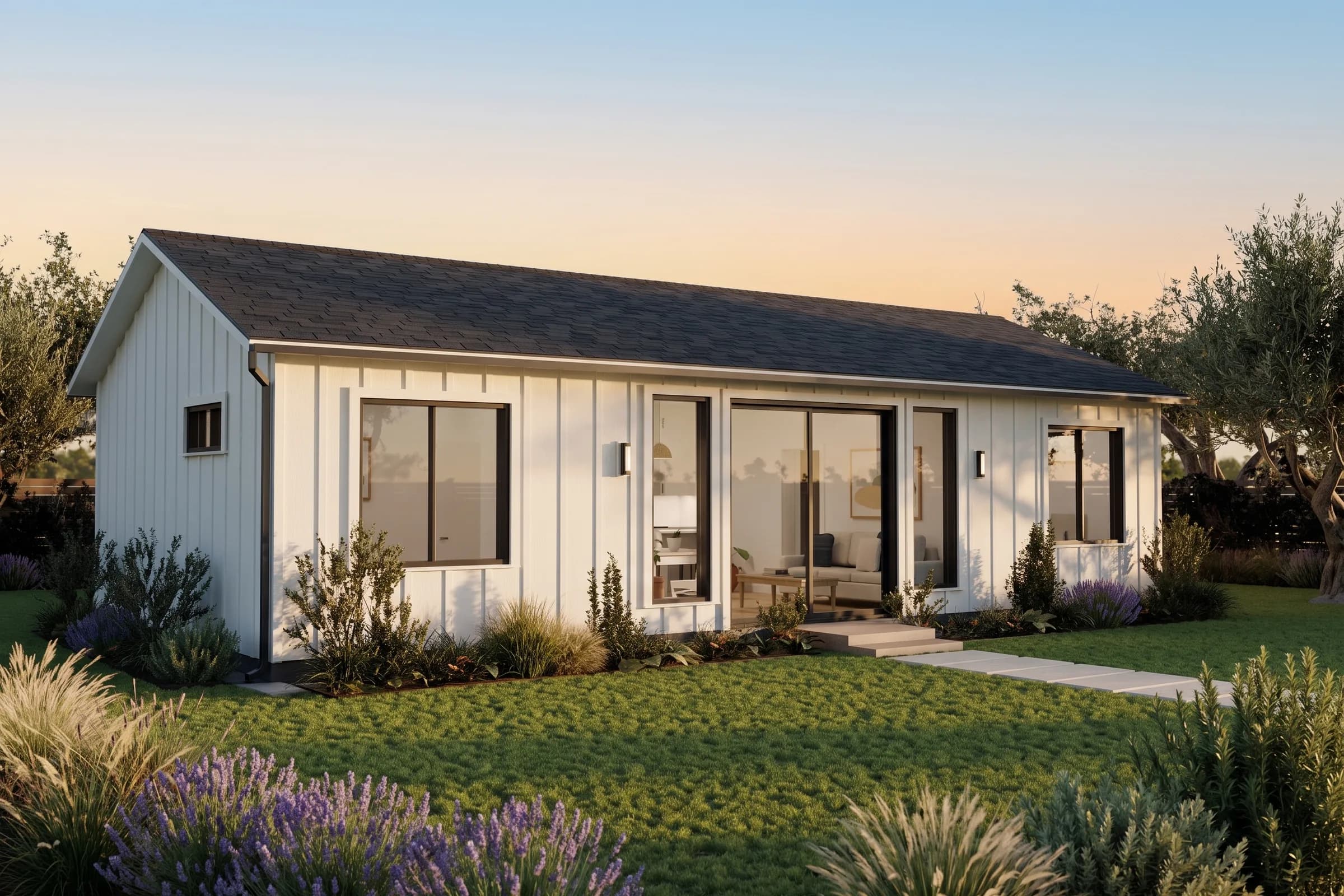 Rendering of the Two Bedroom ADU with white board-and-batten siding and a glass sliding door, in late afternoon sun in a planted backyard