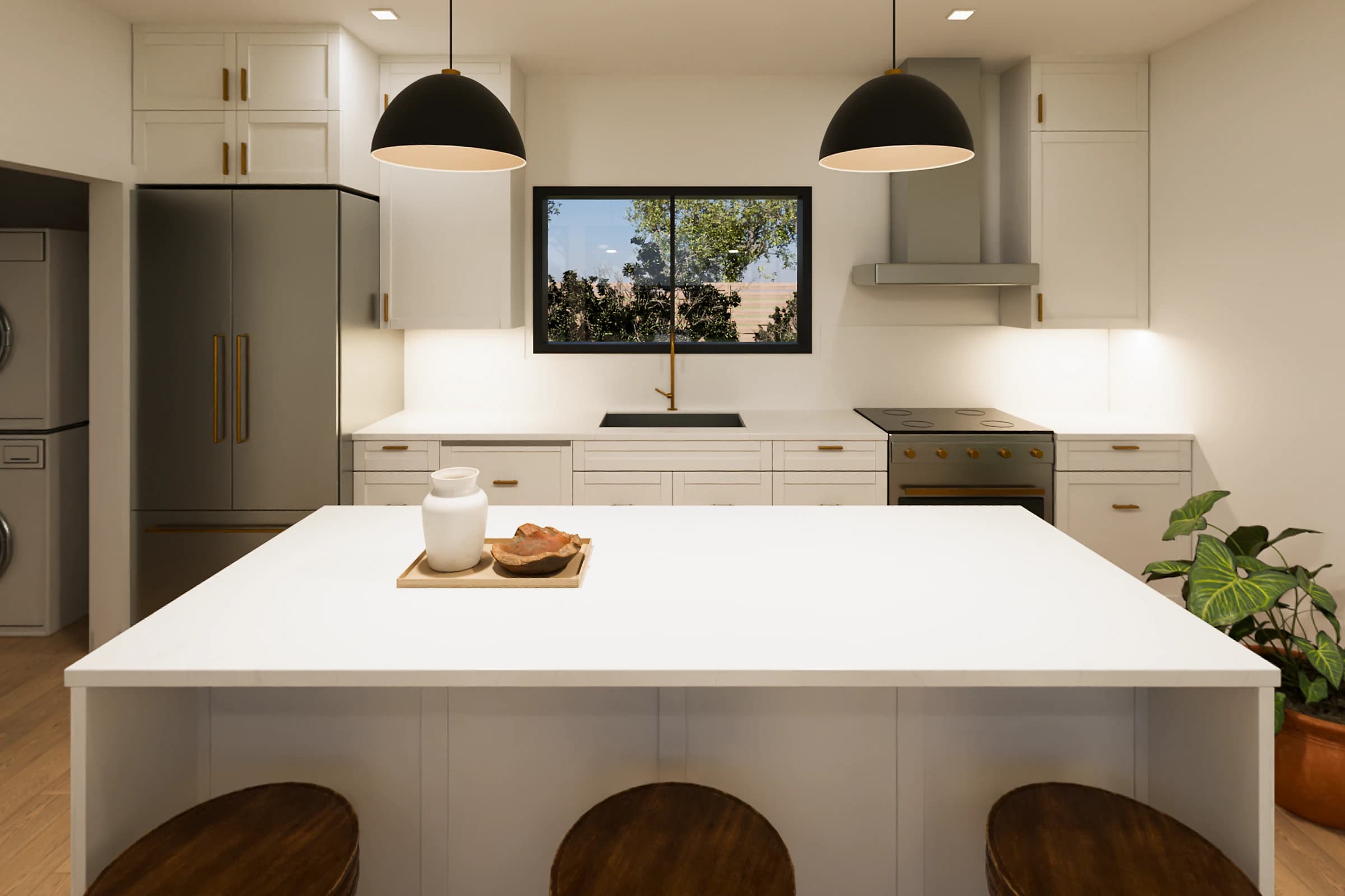 Rendering of the Two Bedroom ADU kitchen, white shaker cabinets with brass pulls, a quartz island with wooden stools and a window over the sink