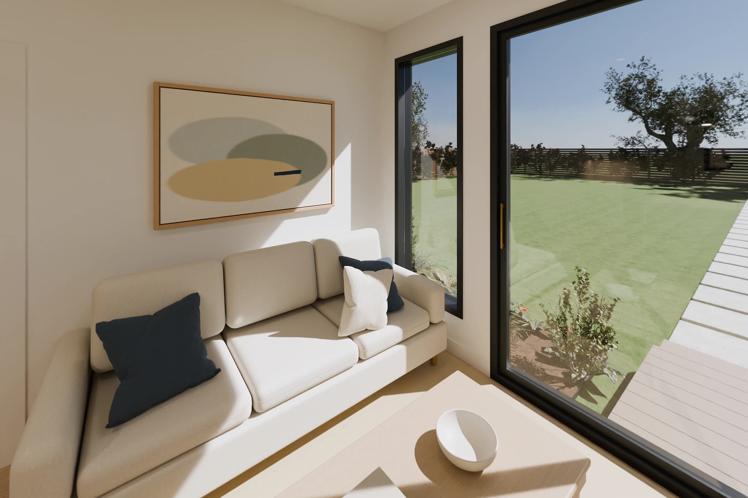 Rendering of the Two Bedroom ADU living room, a cream sofa and oak floor beside a tall glass sliding door that opens to the garden