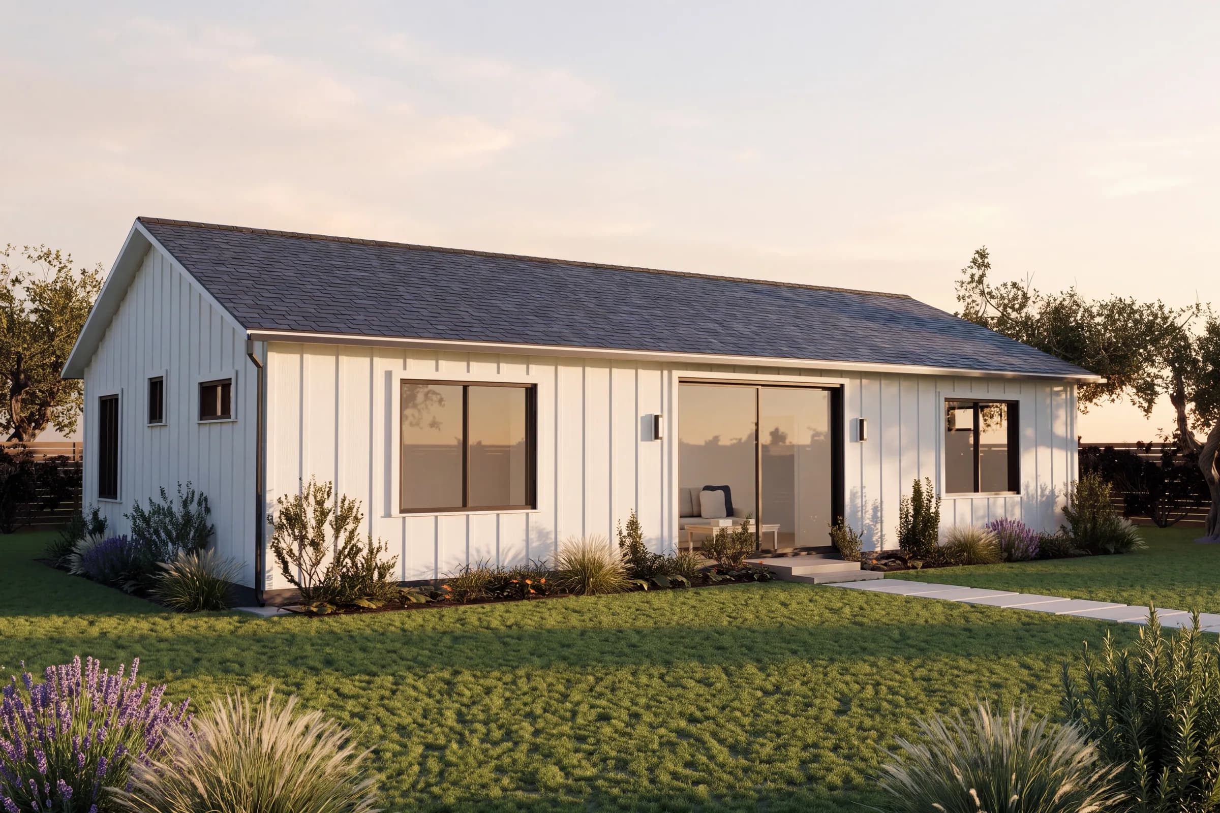 Rendering of the Two Bedroom + Office ADU with white board-and-batten siding, in late afternoon sun among lavender and olive trees