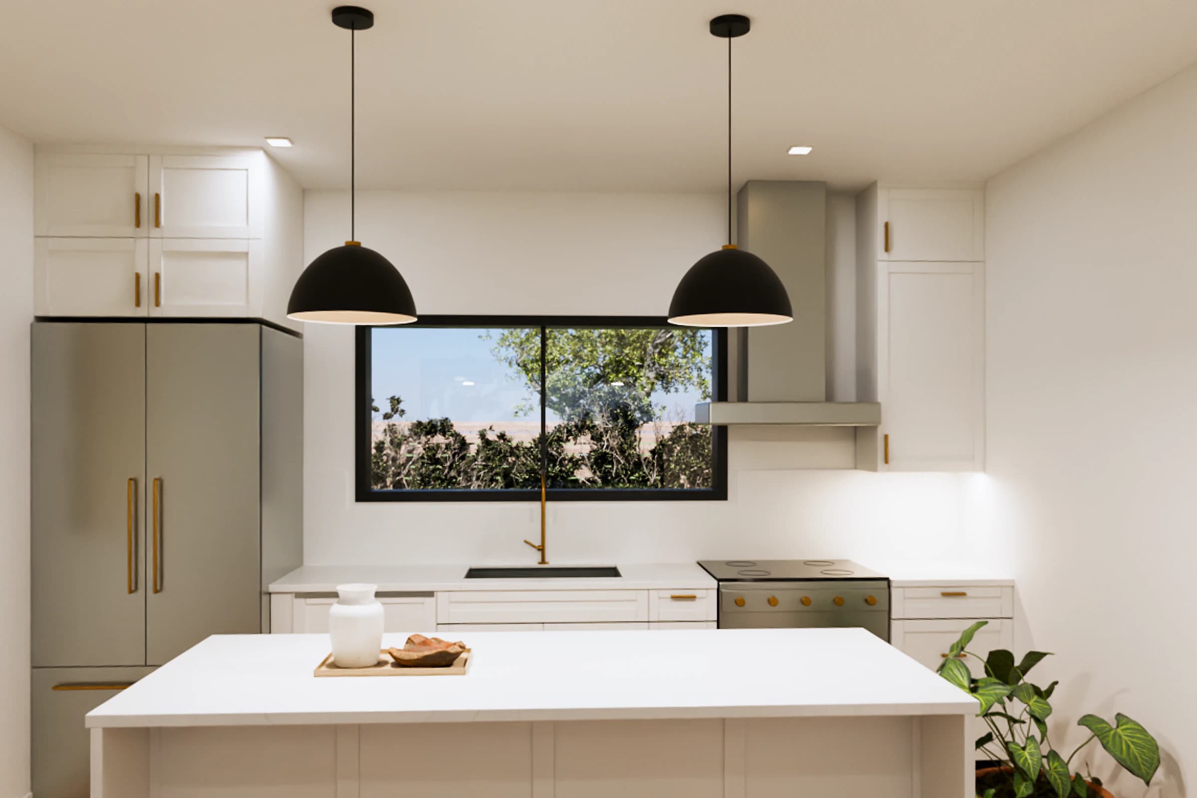 Rendering of the Two Bedroom + Office ADU kitchen, white shaker cabinets with brass pulls, a stainless refrigerator and range, and a white quartz island under two black pendant lights, with a window over the sink