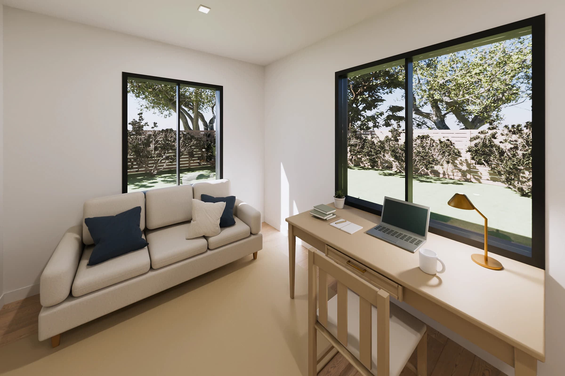 Rendering of the Two Bedroom + Office ADU office, a light wood desk with a laptop and brass lamp under a wide window to the garden, and a cream sofa with navy pillows below a second window