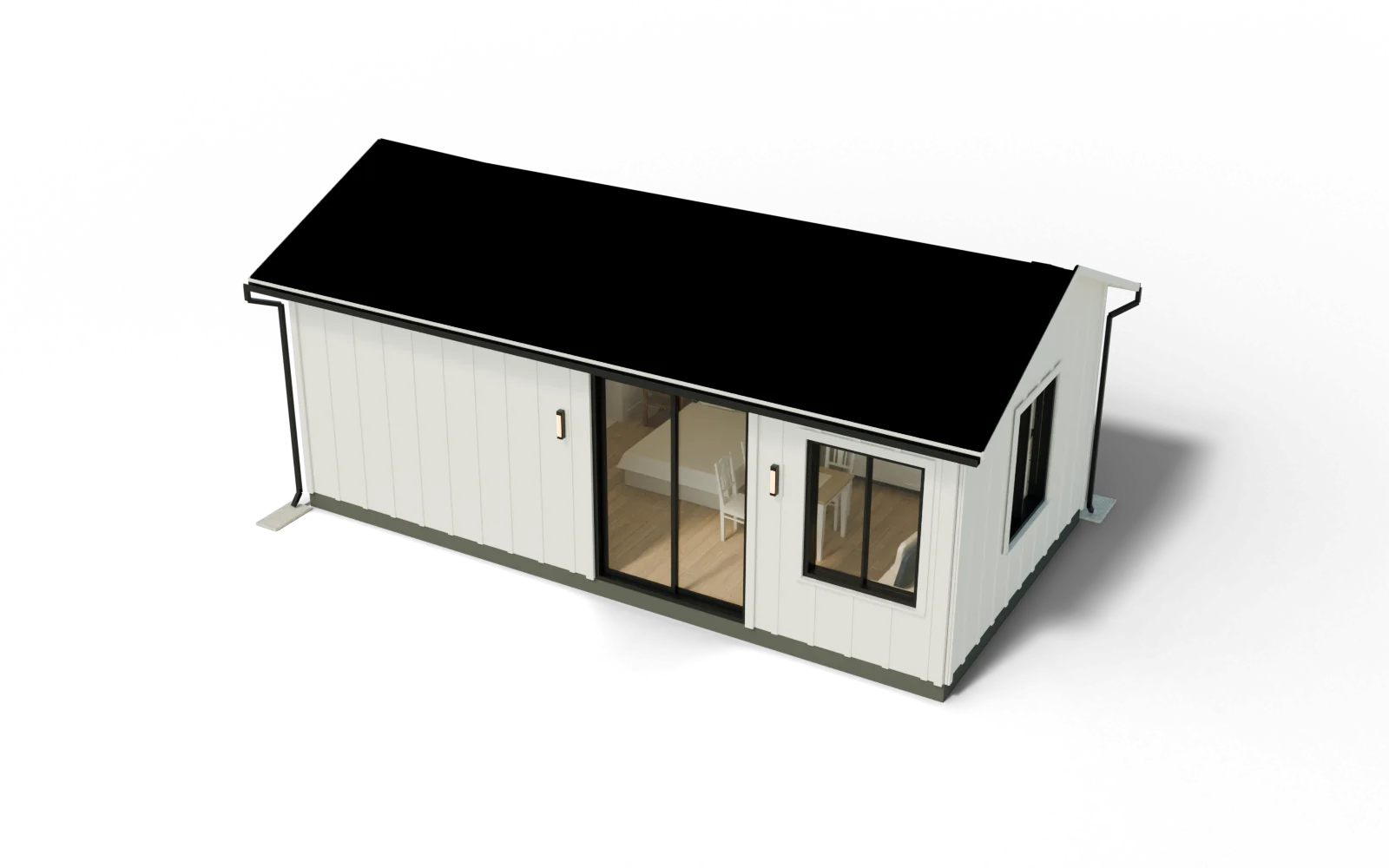 Studio ADU with a shingle roof, chalk siding and a small landing